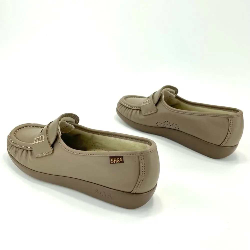 SAS Women Casual Penny Loafer Size 6.5 Tan Genuine Leather Comfort Low Wedge